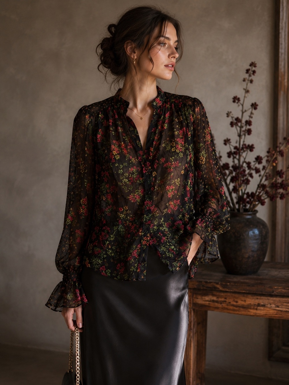 Tomorrowland Japan Sheer Floral Crinkle Chiffon Puff Sleeve Blouse Sz 38 Medium